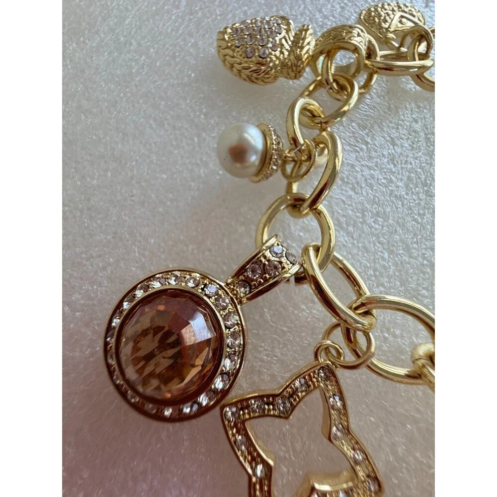Gold Tone Chunky Charm Bracelet Teal & Champagne Glass Crystal Rhinestone Heart